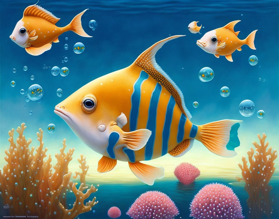 Colorful Cartoon Orange Fish Swimming Among Coral and Bubbles