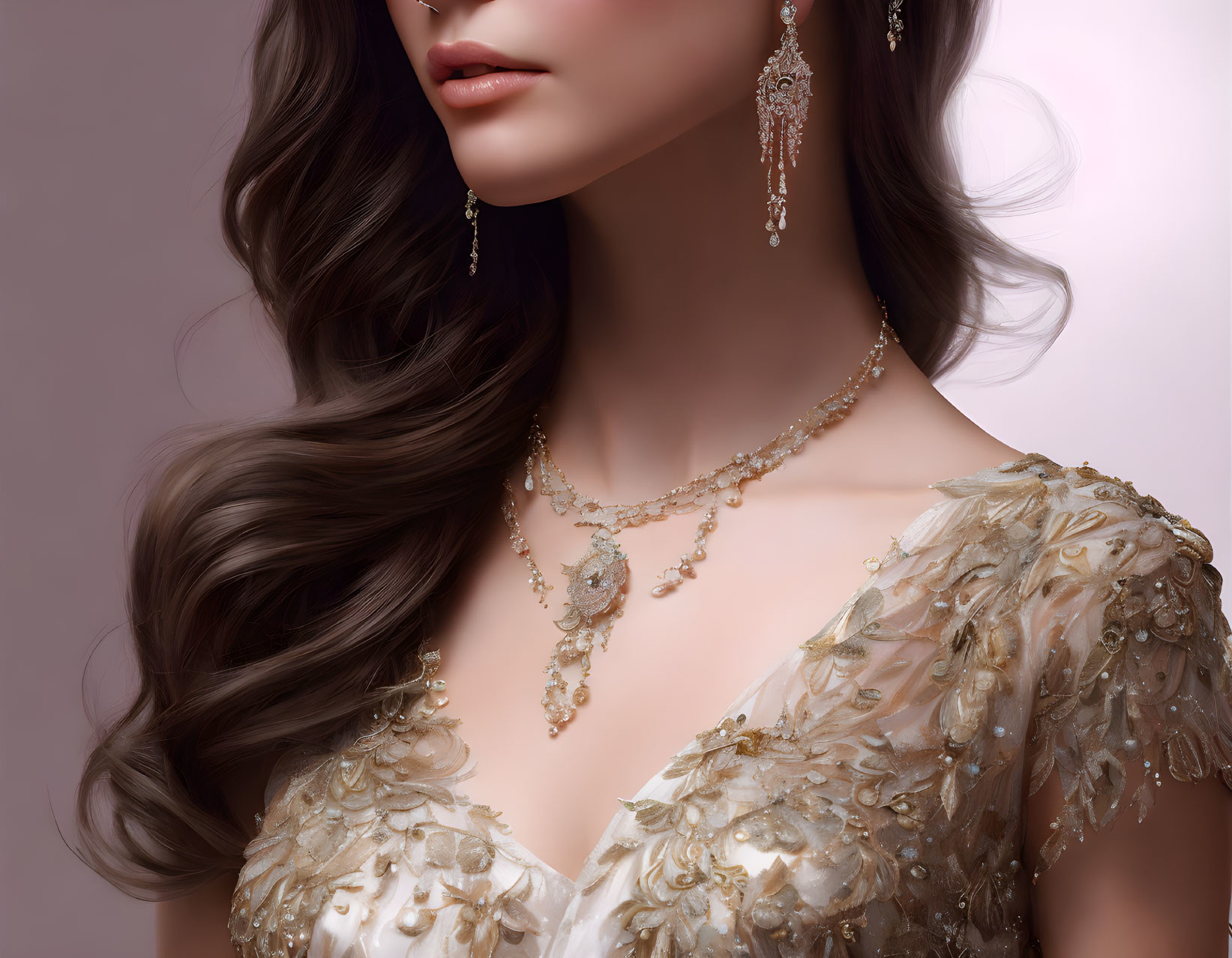 Brunette with Wavy Hair in Gold-Embroidered Beige Gown