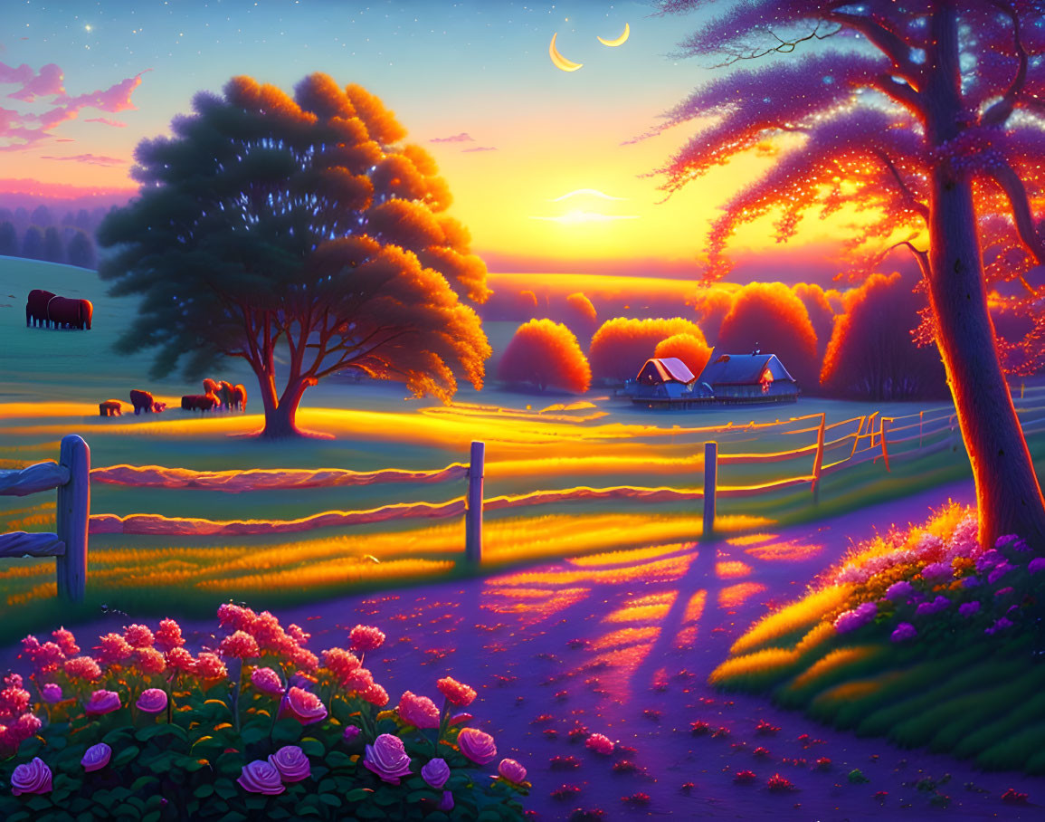 Colorful sunset over rural landscape with tree, flowers, fence, and animals.