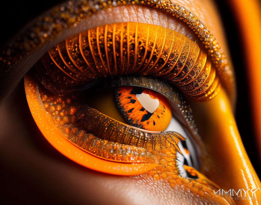 Detailed Eye Makeup with Orange and Gold Glitter