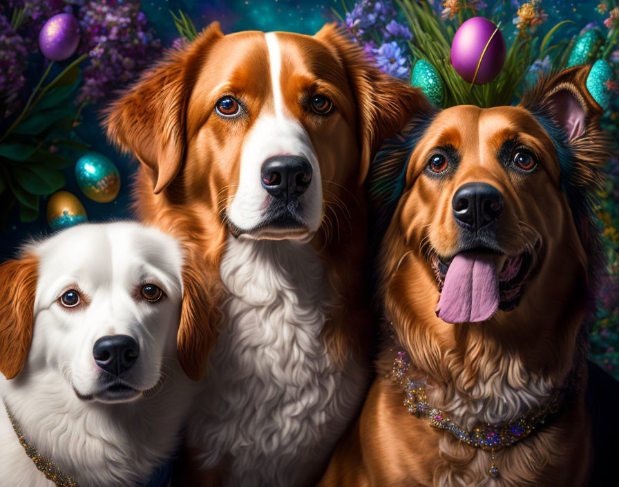 Three dogs with Easter eggs and flowers on festive background