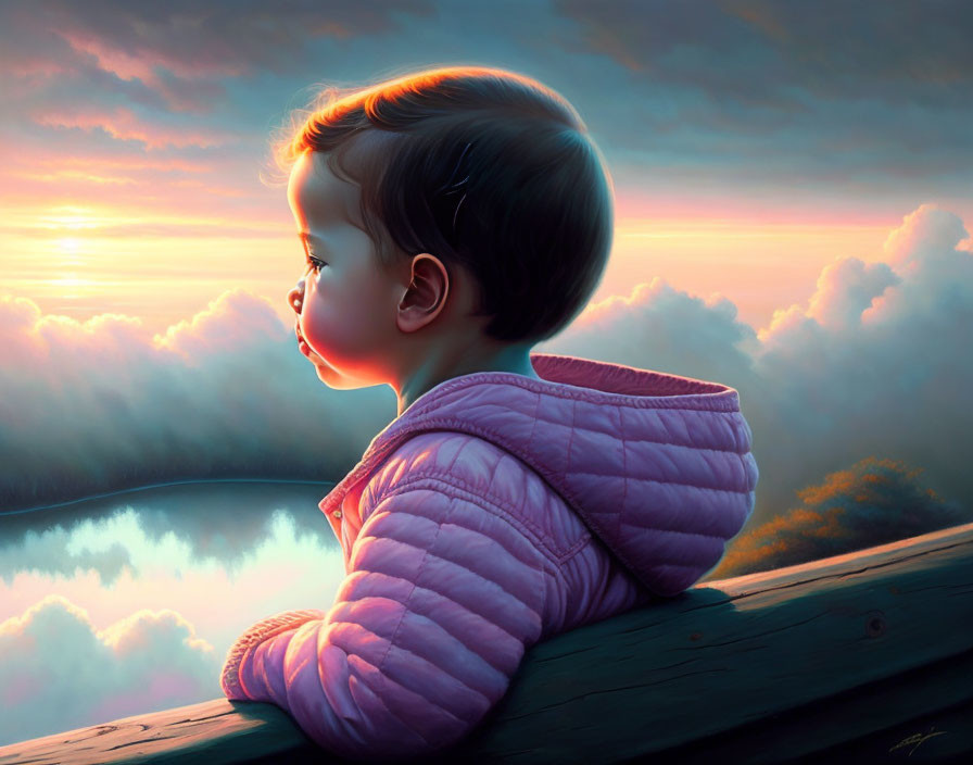 Toddler in Pink Jacket Watching Sunset Above Clouds