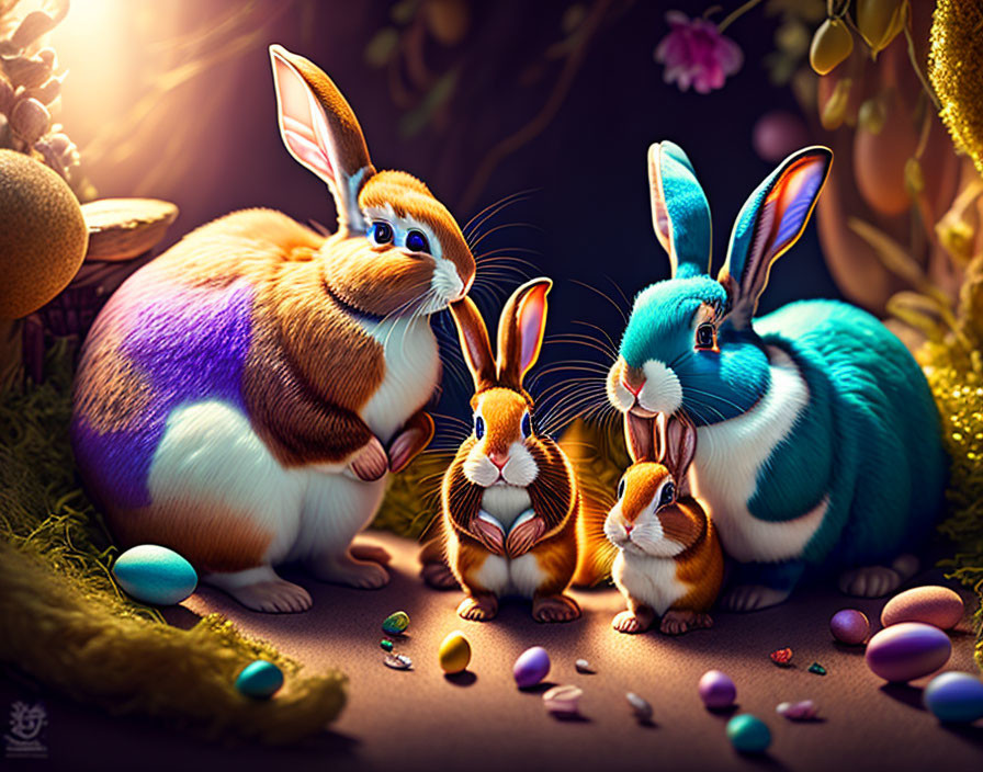 Anthropomorphized rabbits with decorated eggs in magical forest.