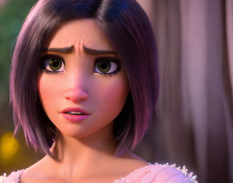 Detailed Close-Up of 3D Animated Female Character with Purple Bob Haircut and Pink Dress