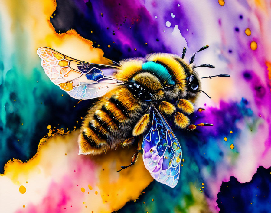 Colorful Bee Artwork with Translucent Wings in Inkblot Patterns