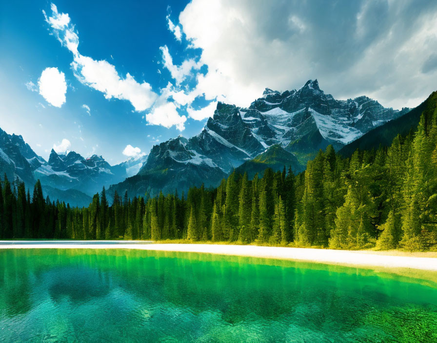 Serene lake with turquoise waters, lush forest, and snow-capped mountains