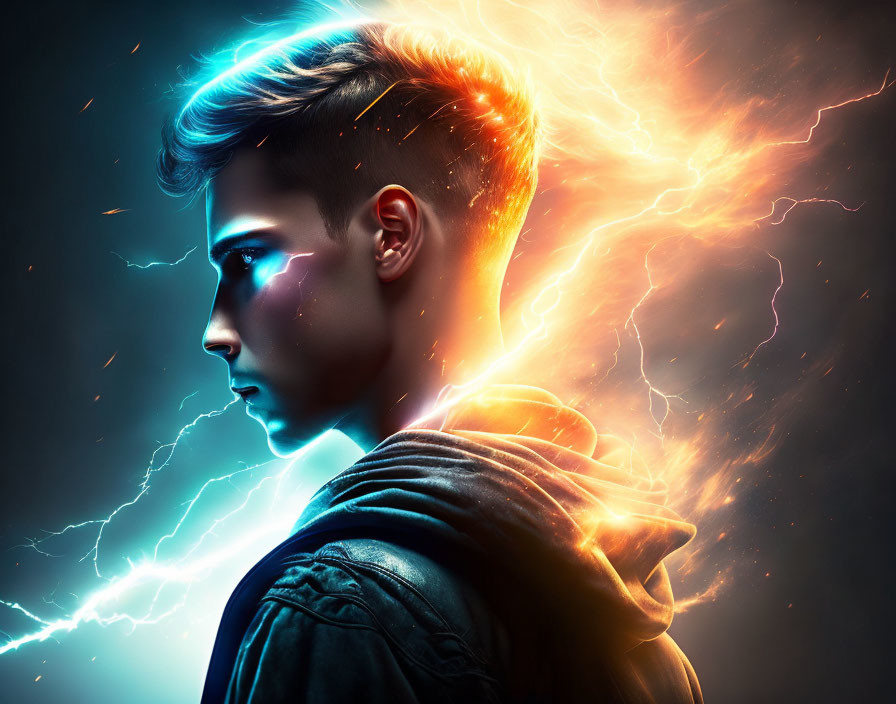 Young person with dramatic lightning overlay and glowing aura.
