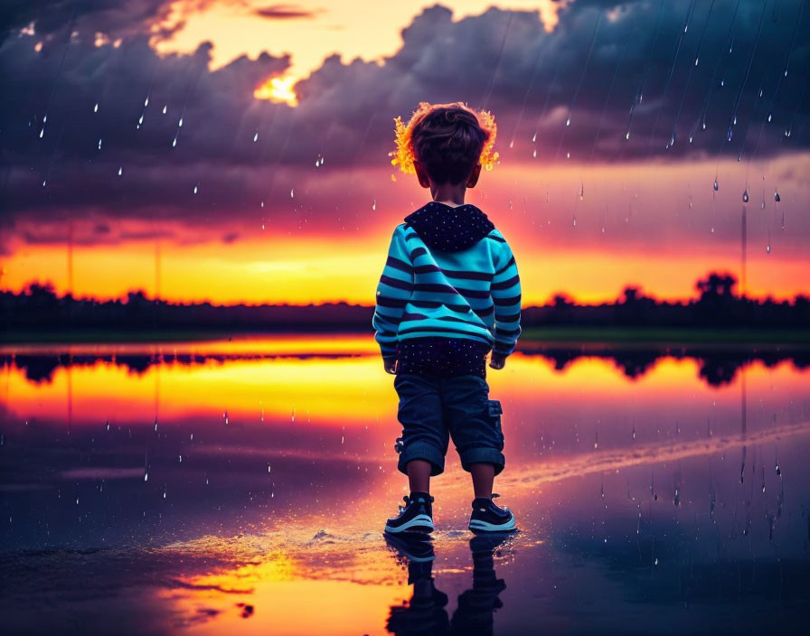 Child Standing by Reflective Water Surface at Vibrant Sunset