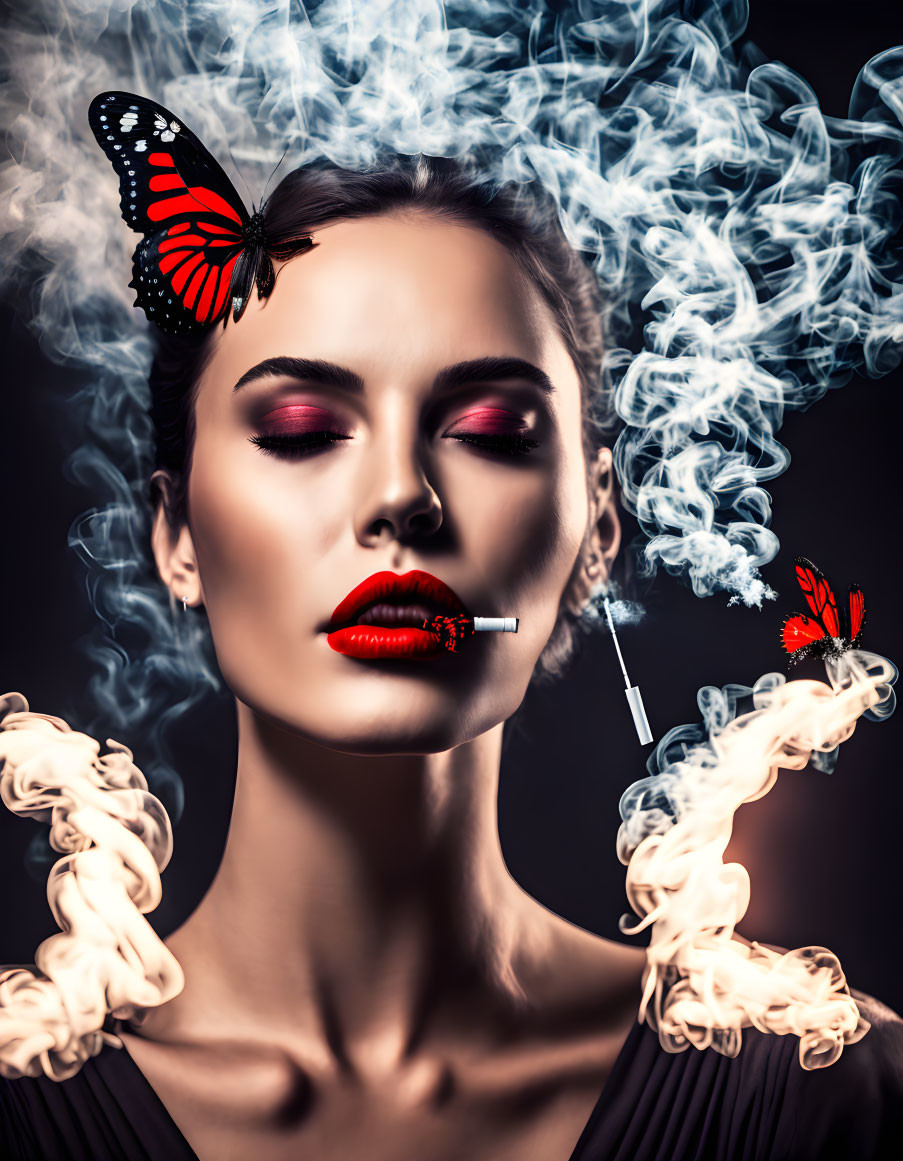Beautiful woman exhaling smoke