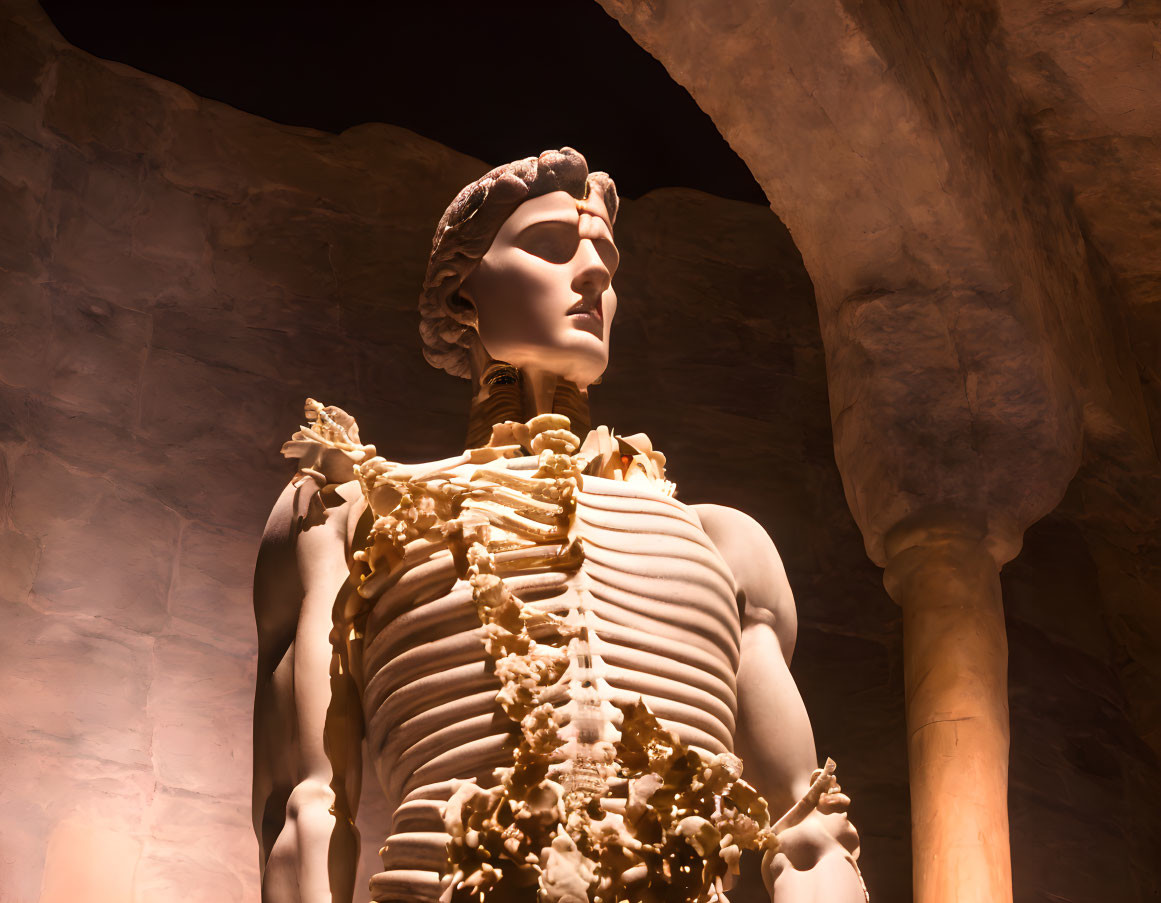Humanoid Figure Sculpture with Exposed Rib Detail and Golden Adornments Against Cavern Backdrop