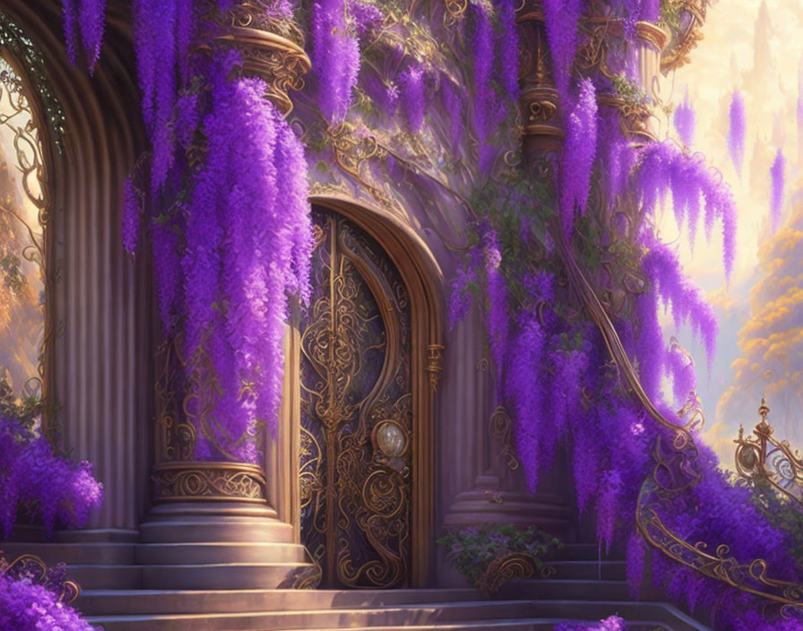Enchanting door with purple wisteria in magical forest