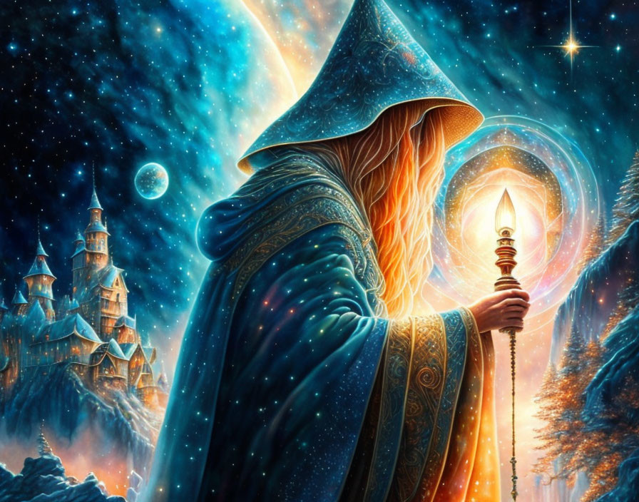 Wizard in Blue Cloak with Glowing Orb and Portal Background