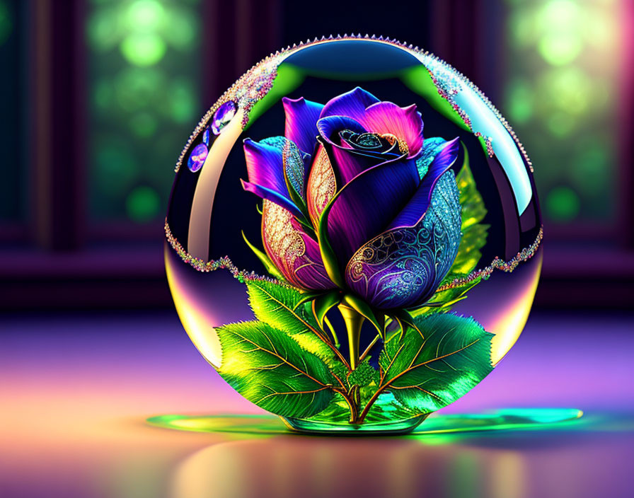 Colorful digital artwork: stylized rose in translucent sphere on blurred window background