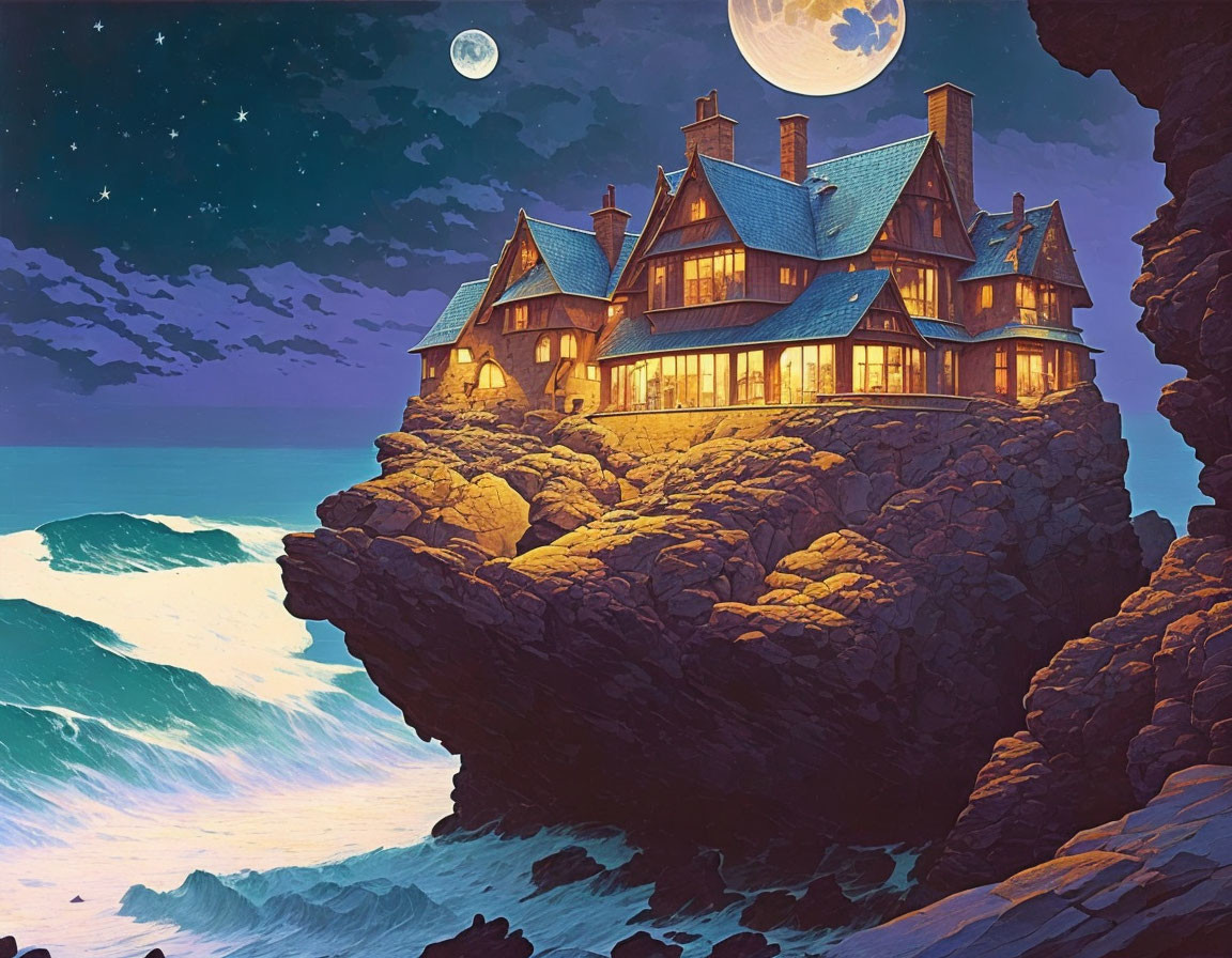 Illustration of grand house on cliff overlooking ocean at night