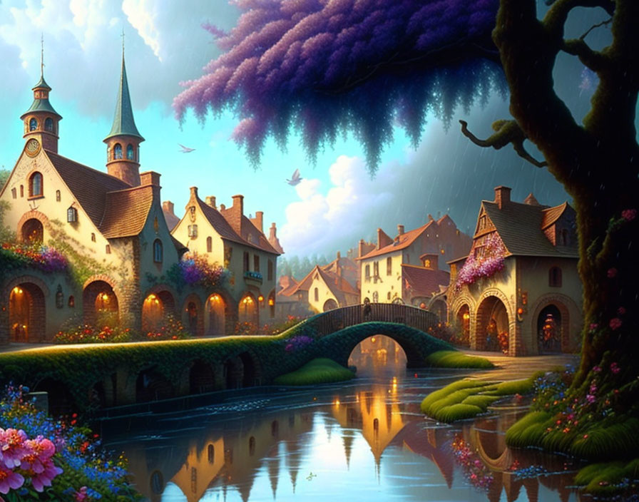 Picturesque fantasy village with stone bridge, calm river, vibrant flowers, birds, and twilight sky.