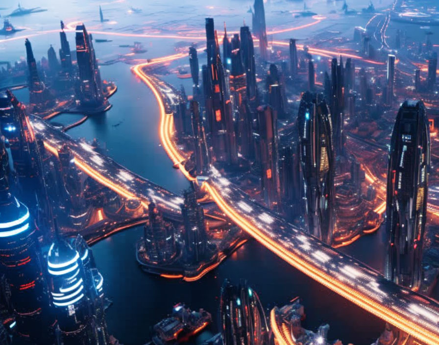 Illuminated futuristic cityscape at night with glowing skyscrapers and roads