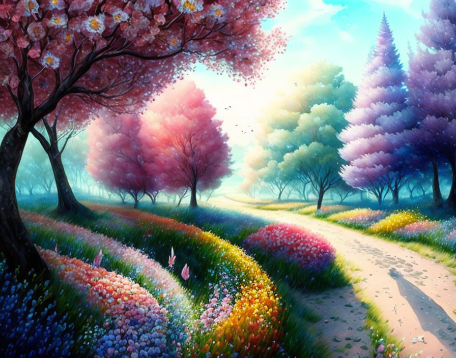 Colorful Path Through Blossoming Trees and Flowers in Dreamy Forest