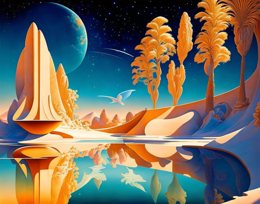 Vibrant surreal landscape with reflective water and moon