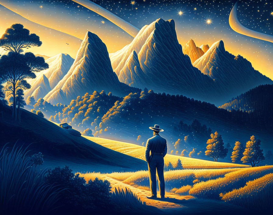 Surreal starlit landscape with wheat fields and mountains