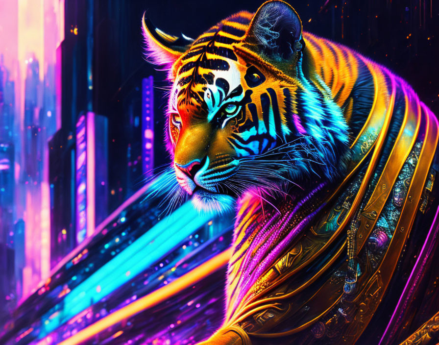 Colorful Tiger Art in Neon Cityscape
