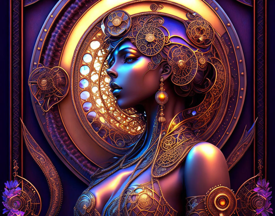 Woman adorned in gold jewelry on blue and purple circular background