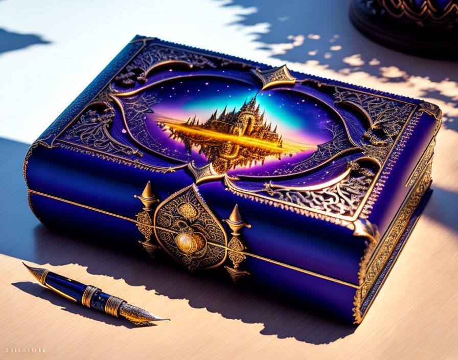 Blue and gold ornate book with fantasy castle illustration and quill pen on desk