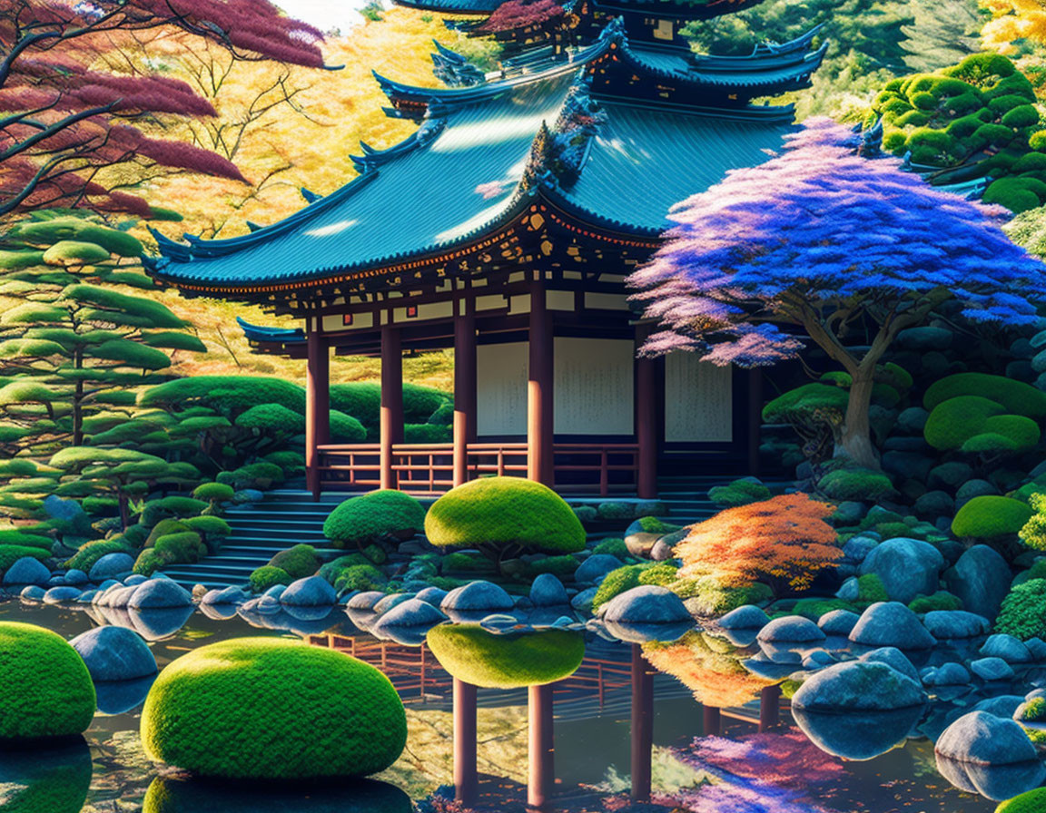 Traditional Japanese garden with vibrant gazebo, colorful trees, bushes, and pond.