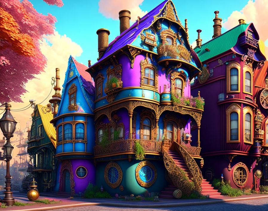 Colorful steampunk city houses