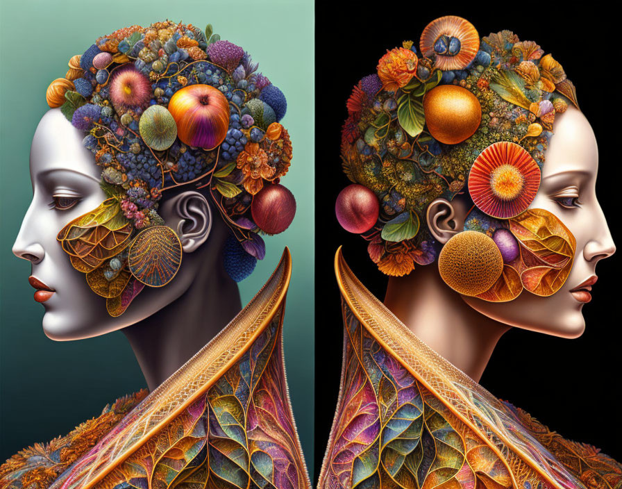 Dual profile portraits of women with botanical fruit headpiece