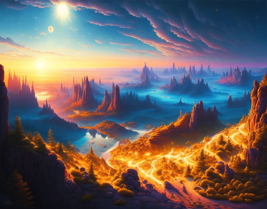 Fantasy landscape with glowing lava rivers and colorful sky