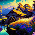 Charming cottage with waterwheel, stream, and starlit sky