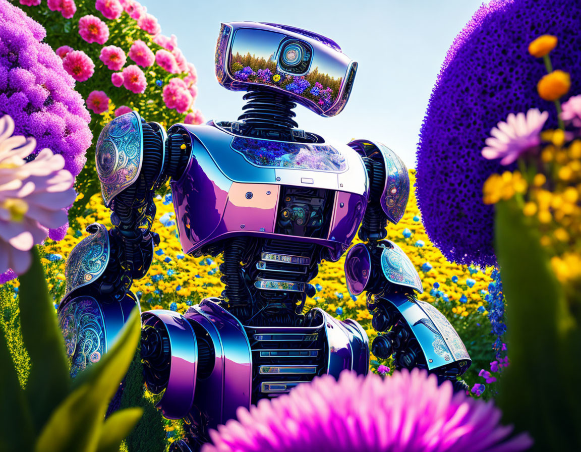 Colorful Robot with Camera Head Surrounded by Purple and Pink Flowers