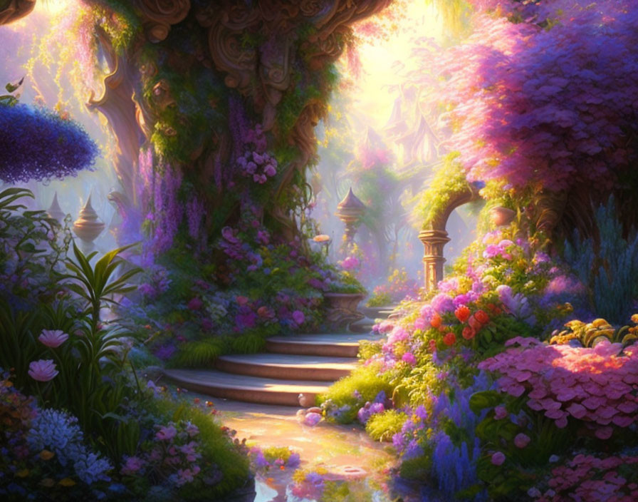 Enchanting magical garden with lush flora, winding stairs, and enchanting lights