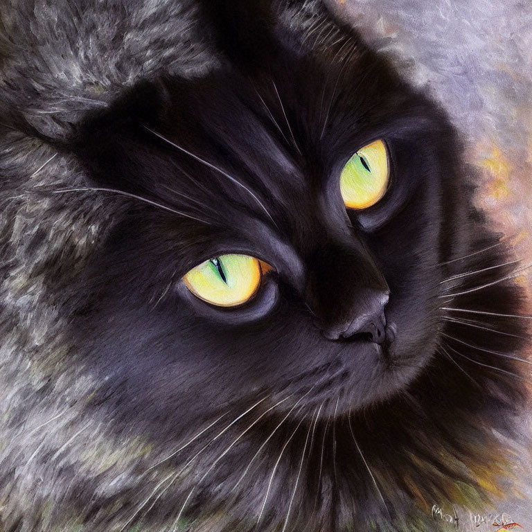 Black Cat with Striking Yellow Eyes and Fluffy Fur on Soft Blended Background