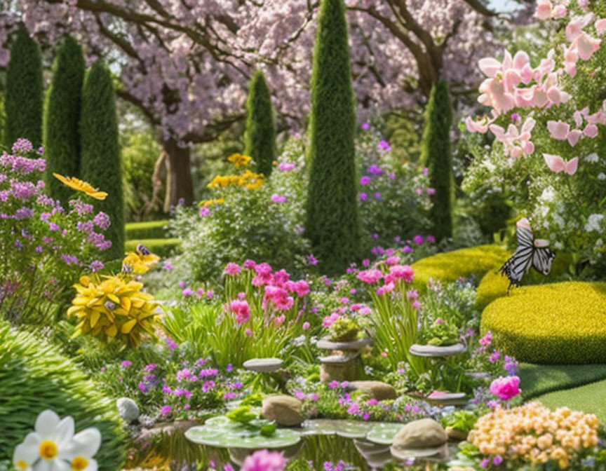 Colorful garden with pink blossoms, green topiaries, flowers, pond, and butterfly.