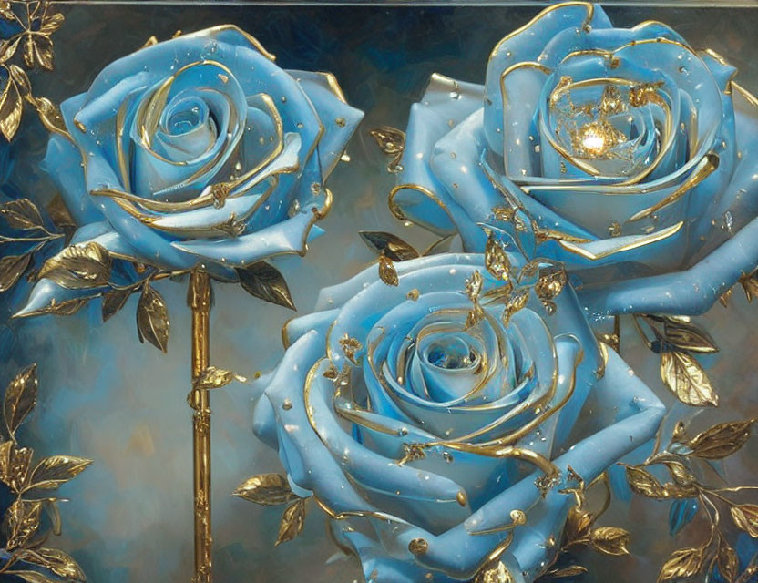 Blue Roses with Gold Accents on Blue Background