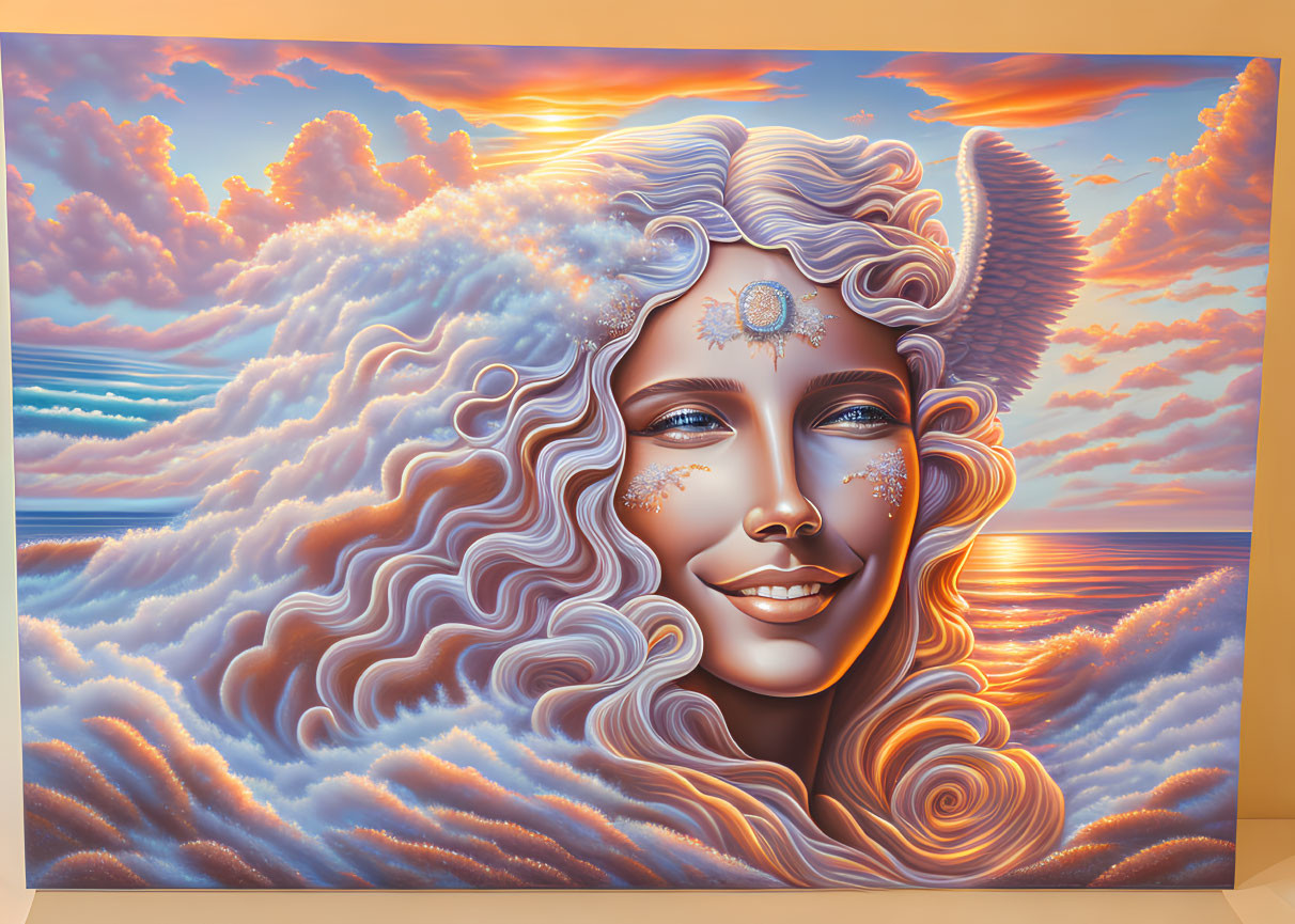 Surrealistic portrait of woman blending with clouds at sunset