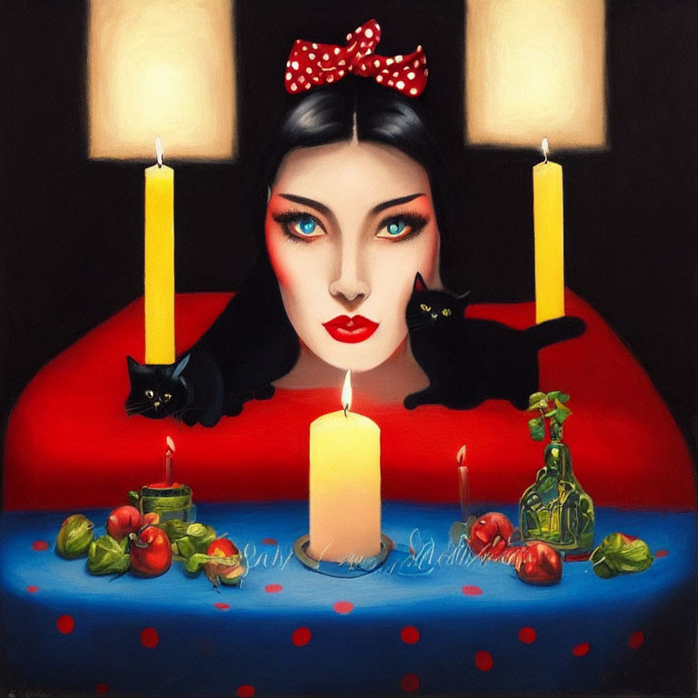 Illustration of woman with red headband, black cats, candles, cherries, and olive oil