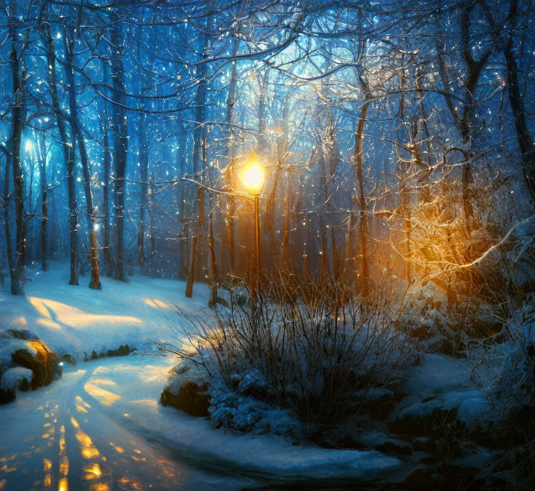 Snow-covered wintry forest scene with glowing lantern and gentle snowfall
