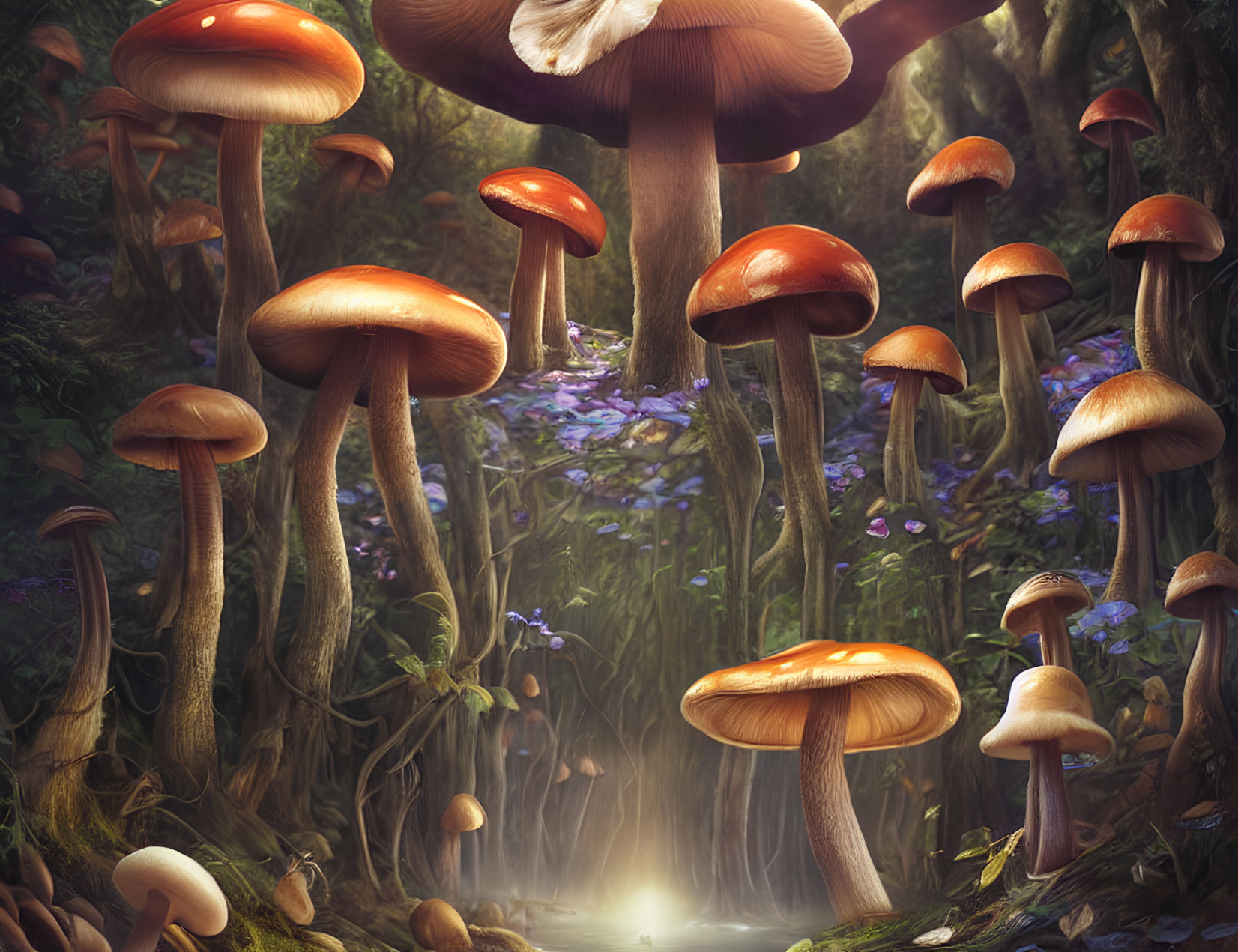 Enchanting forest scene with oversized luminous mushrooms