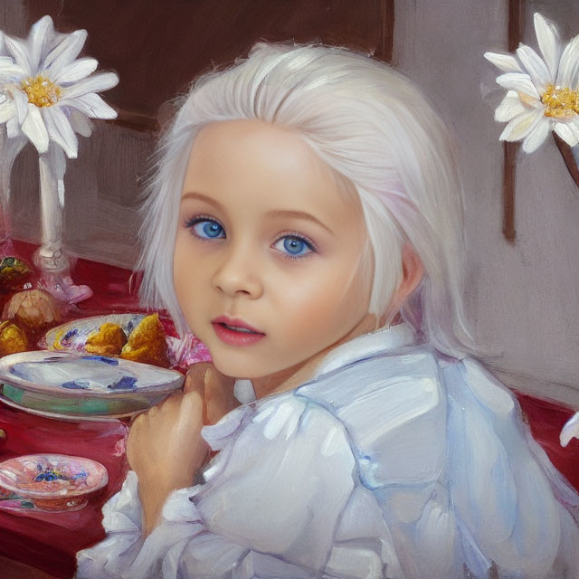 Child with Blue Eyes and White Hair in Light Blue Shirt Surrounded by Flowers and Sweets