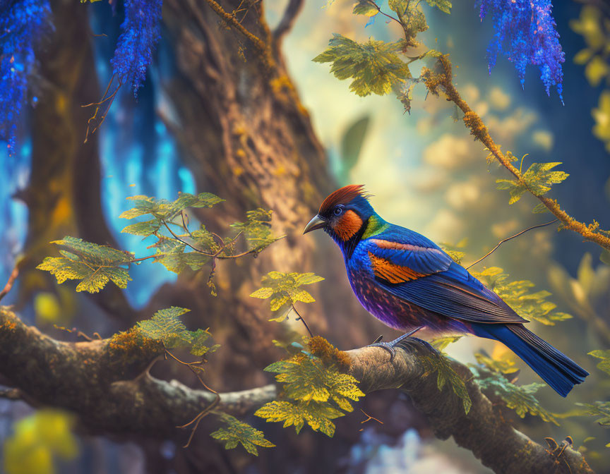 Colorful Bird Perched on Branch in Lush Forest Setting