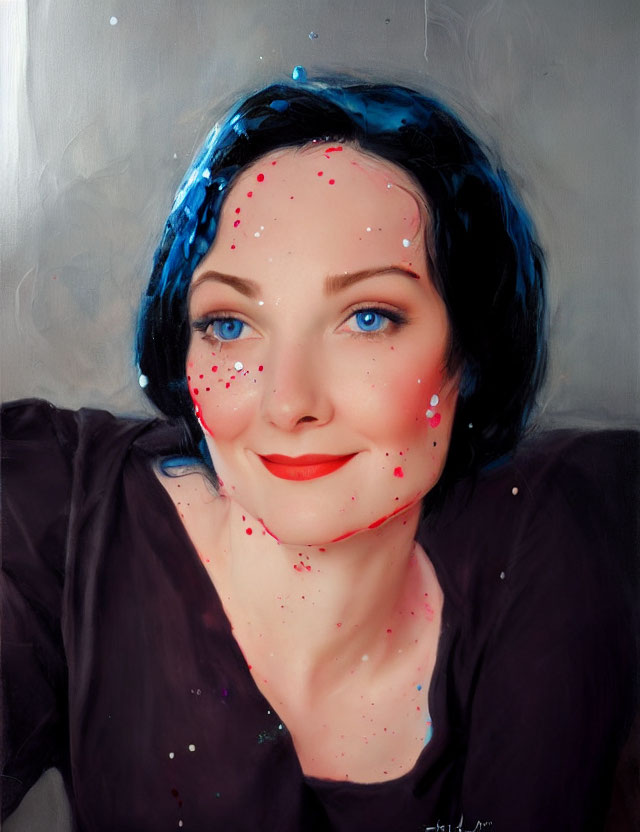 Woman with Blue Hair and Red Paint Splatters in Dark Top
