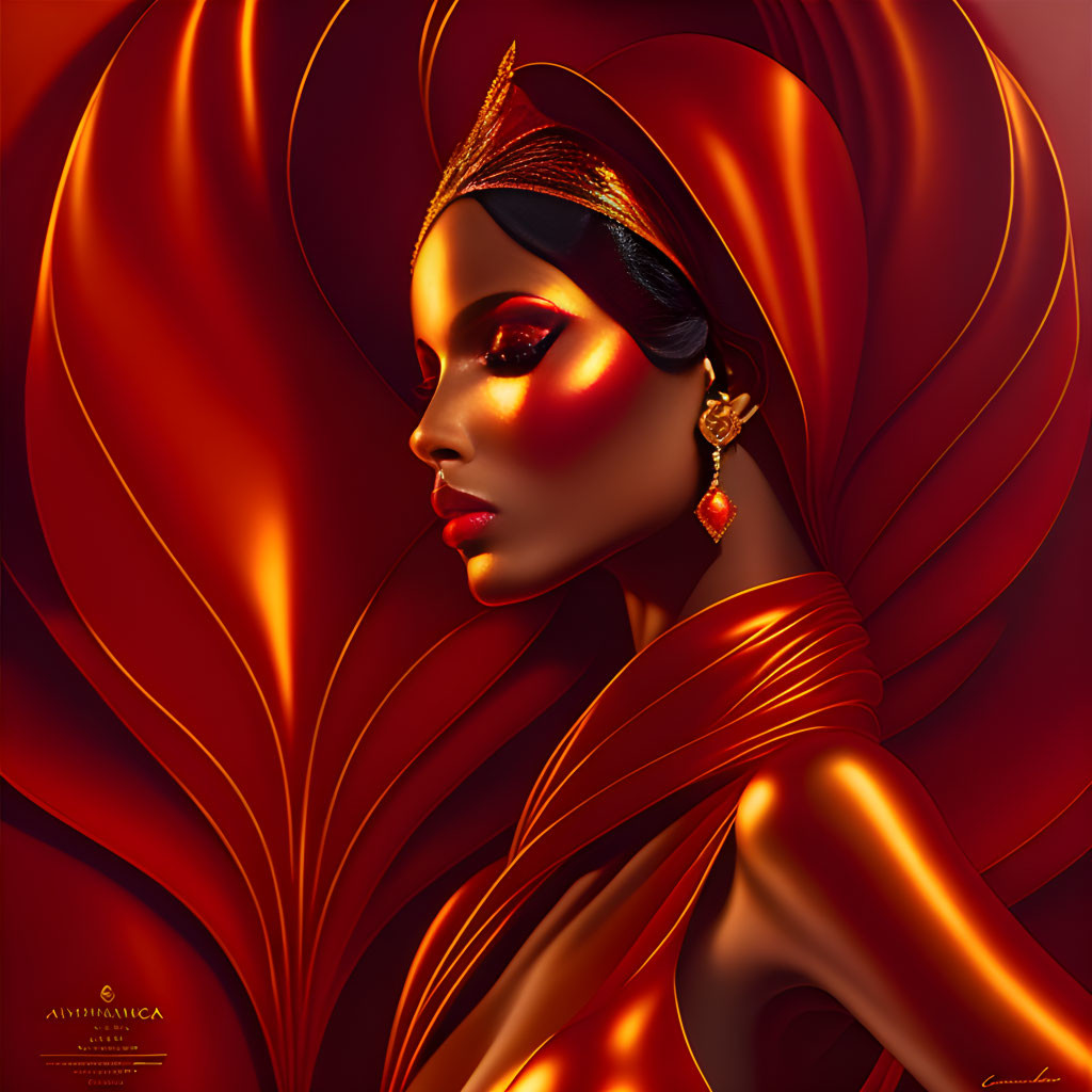 Stylized portrait of woman with dramatic red makeup and elegant headpiece surrounded by flowing red shapes.