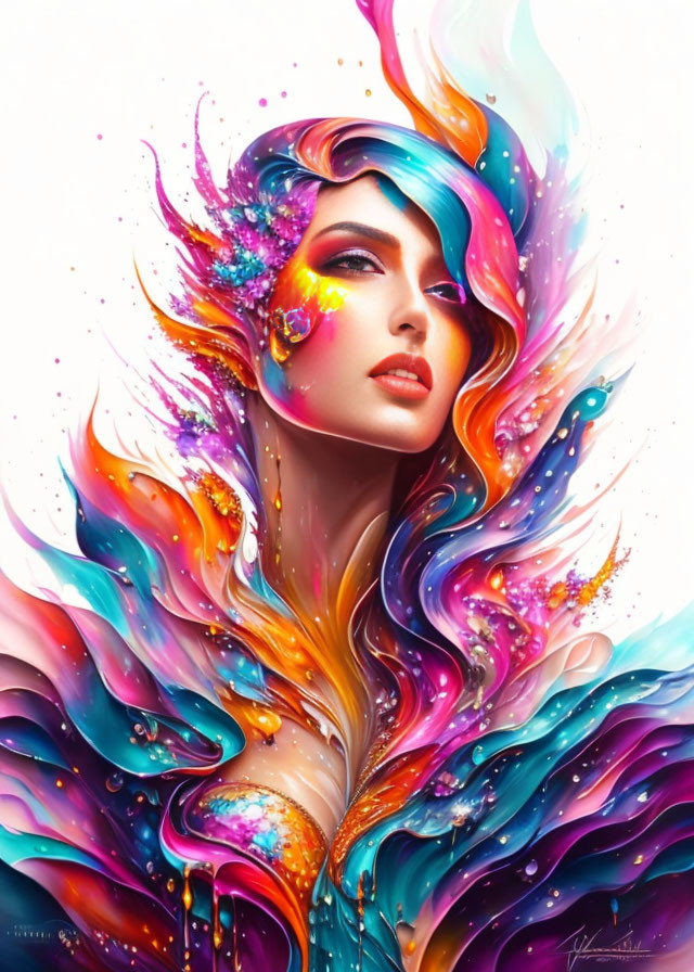 Colorful digital artwork: Woman with multicolored hair and abstract swirls