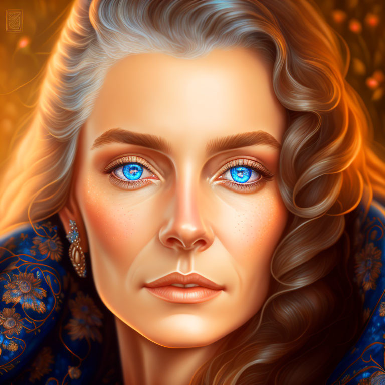Detailed illustration of woman with blue eyes, freckles, wavy hair, and embroidered garment