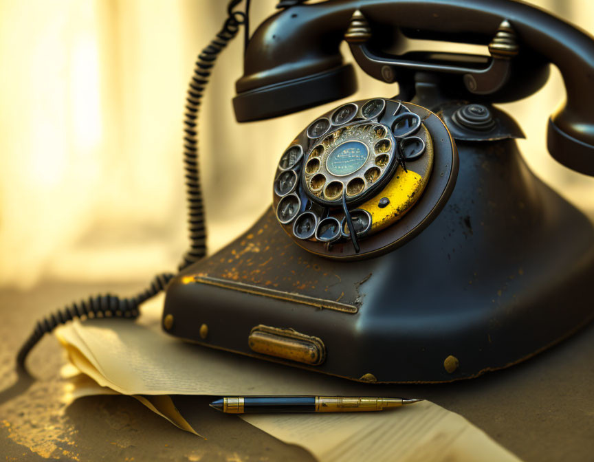 Vintage Black Rotary Dial Telephone on Yellowed Paper with Warm Lighting