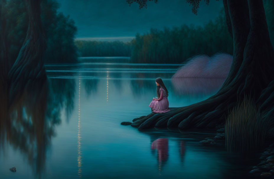 Tranquil twilight lake scene with girl by calm water and trees