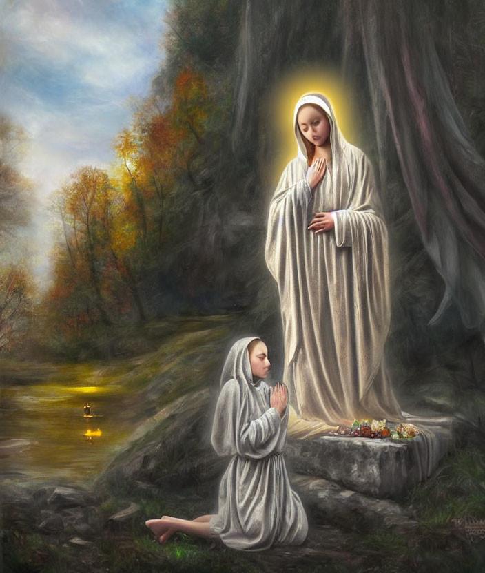 Kneeling Figure in Prayer Before Glowing Saintly Figure in Serene Landscape