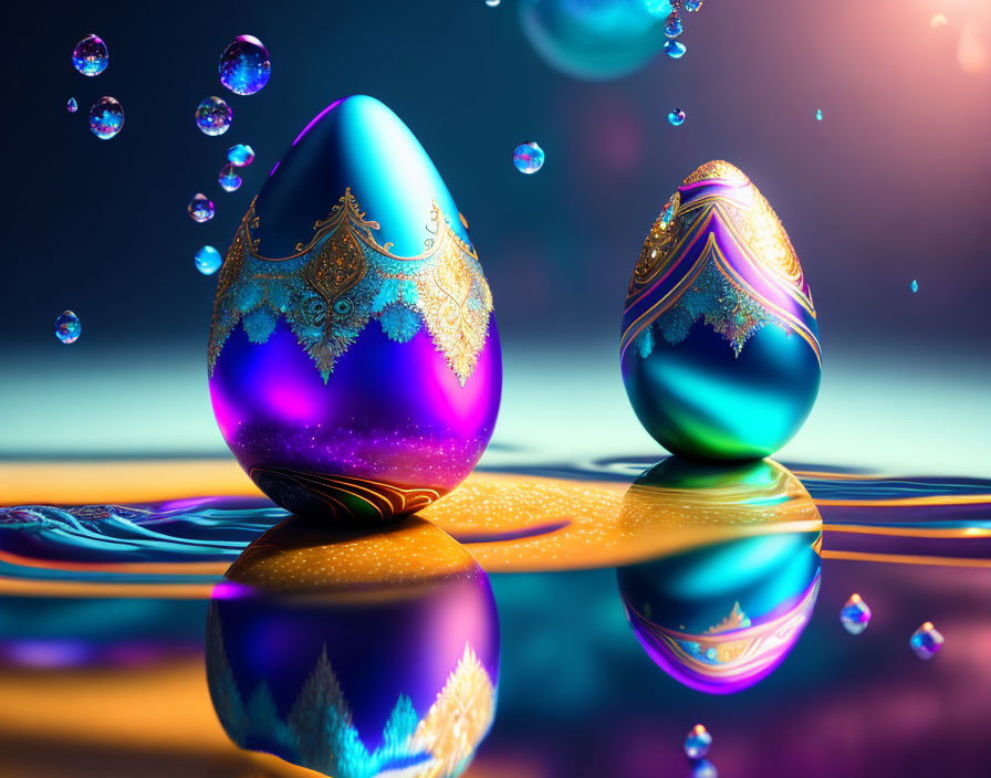 Ornate Easter eggs with gold patterns in water droplets on blue and purple background